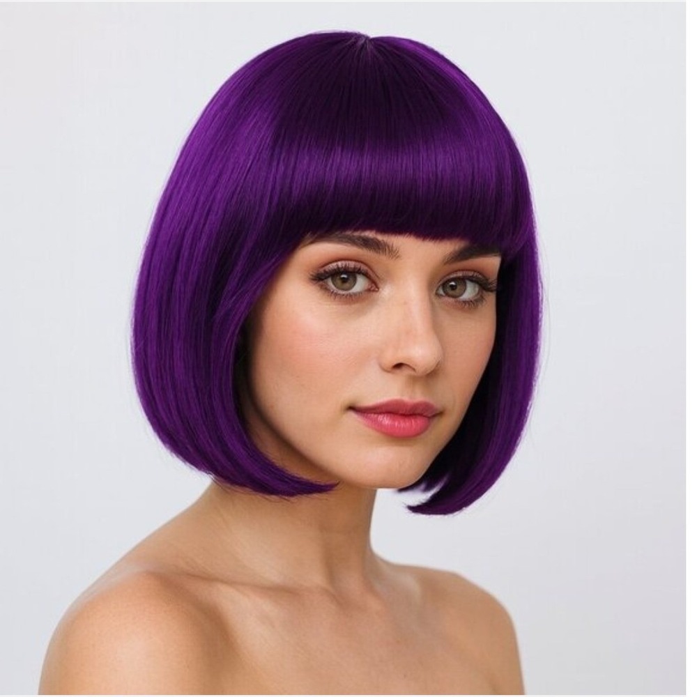 NEW Short Dark Purple Wig Bangs Role CosPlay Dress Up Halloween Costume One Size